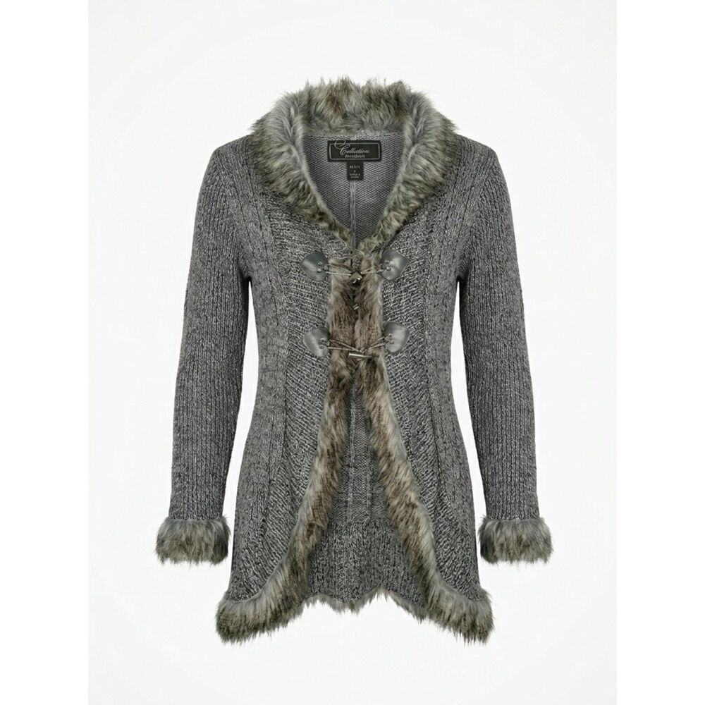 Whimsigoth Dark Fairycore Y2K Gray Marled Knit Faux Fur Cardigan Sweater Sz L